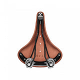 Brooks B67 coil spring saddle with chrome rails for micro-adjust seat posts, showing the classic leather and spring suspension design.