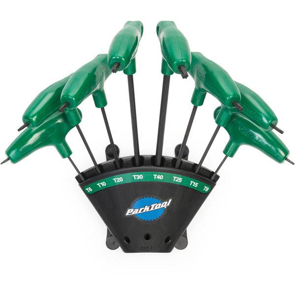 Park Tool PH-T1.2 P-Handled Torx driver set with holder, ergonomic workshop tools for precise torque and comfort during repairs.