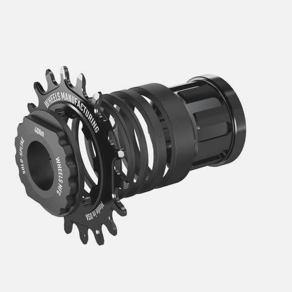 Wheels Manufacturing Solo-Spline 18T single speed conversion kit for micro spline hubs in black, showing the compact gear components.