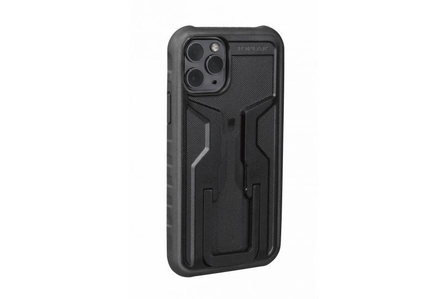 Topeak Ridecase for iPhone 11 Pro with adjustable mount and wireless charging feature, shown attached to a bike handlebar.