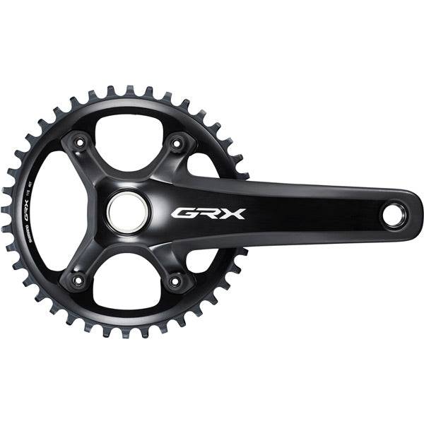 Shimano GRX FC-RX810 40T single chainset with 11-speed Hollowtech II gravel bike crankset, showcasing the crank arms and chainring.