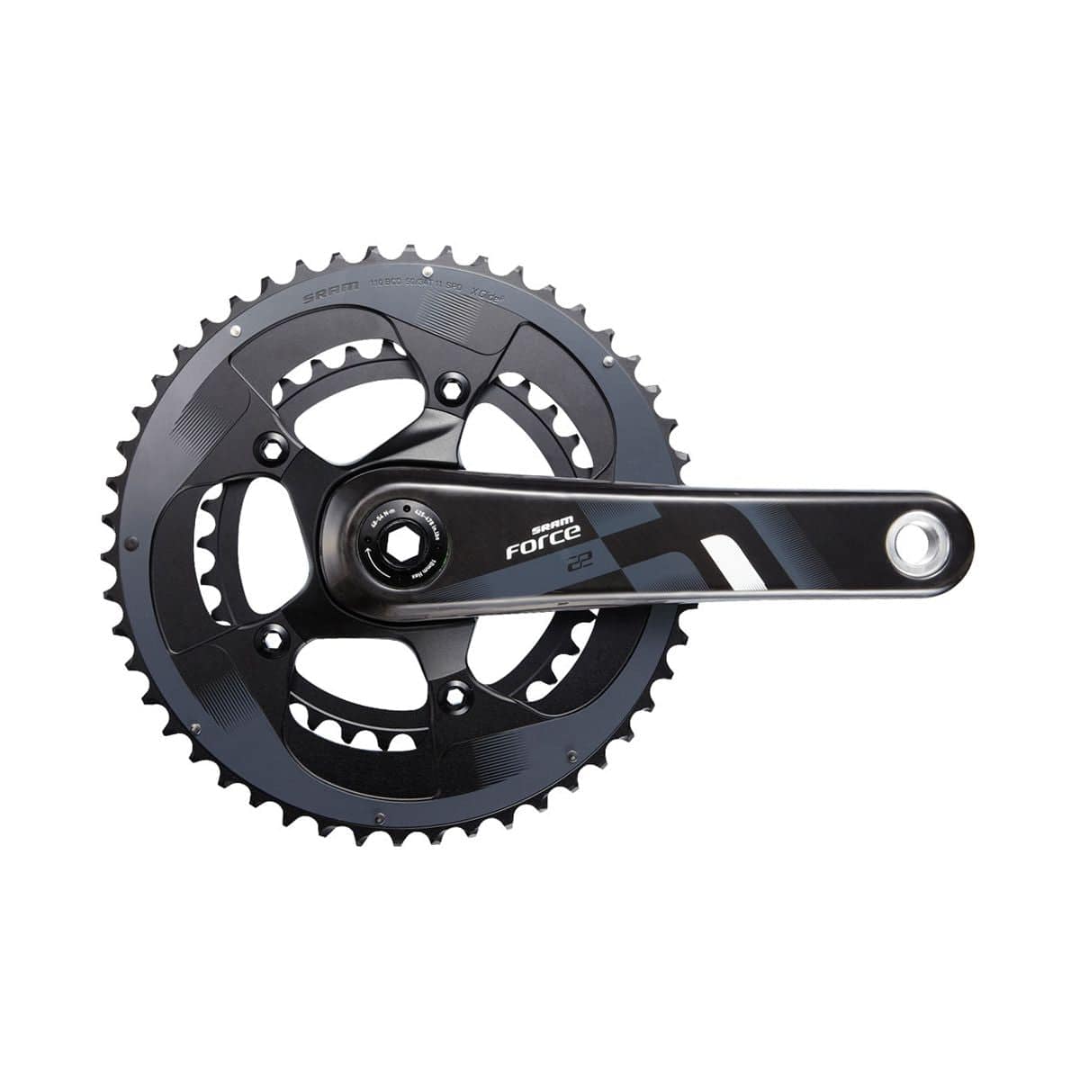 SRAM Force22 GXP compact road bike crankset with 172.5mm arm length and 50-34T chainrings, 11-speed component.
