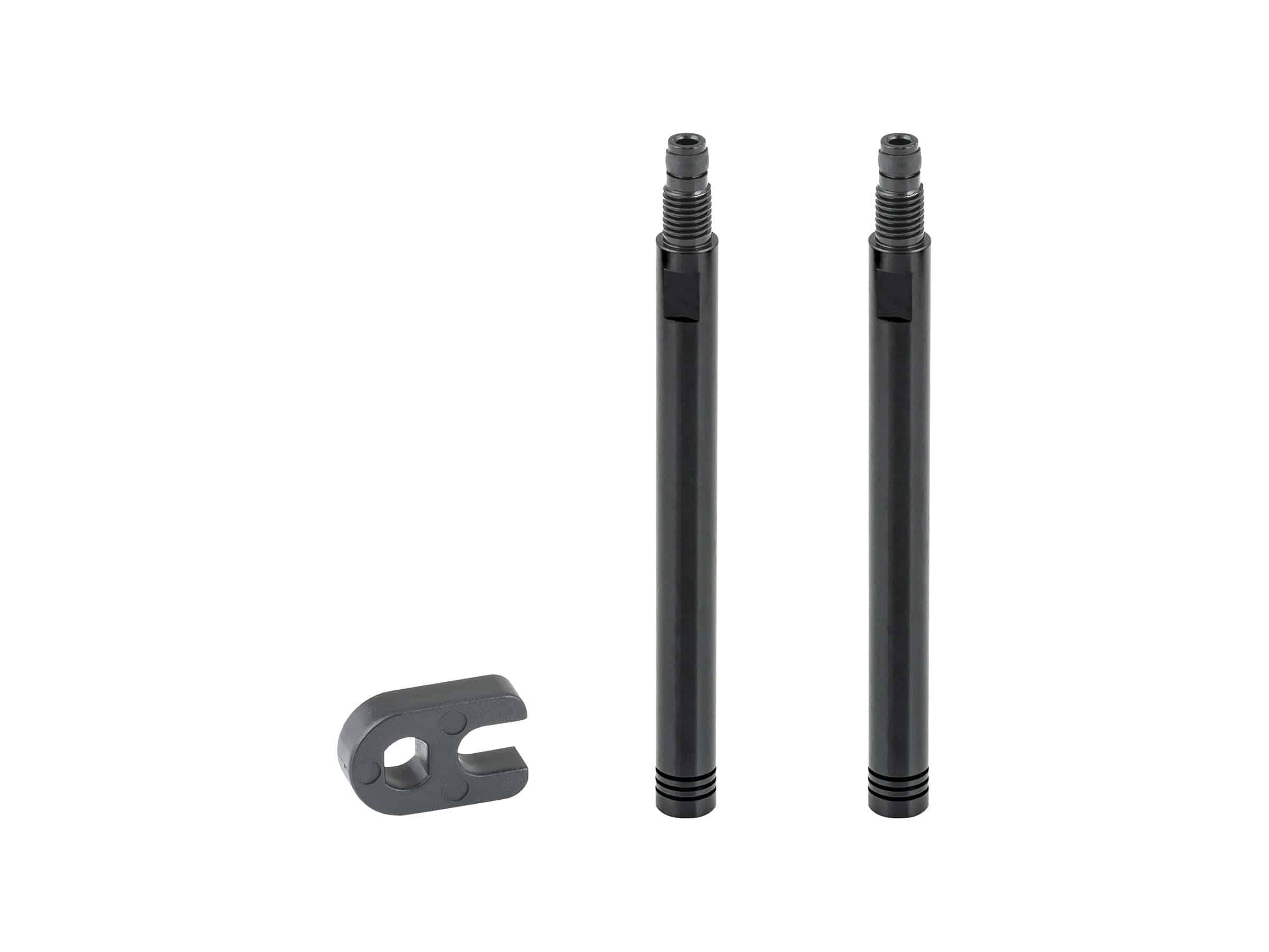 Bontrager Presta valve extenders for tubular, tubeless, and tube tires, showing the metal component with rubber seal.