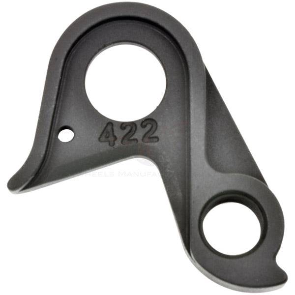 Wheels Manufacturing replaceable derailleur hanger dropout 422, bike component for precise shifting, shown on a bicycle frame.