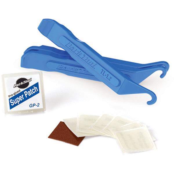 Park Tool TR-1 workshop tire and tube repair kit with durable patches and tire levers, ideal for bike maintenance.