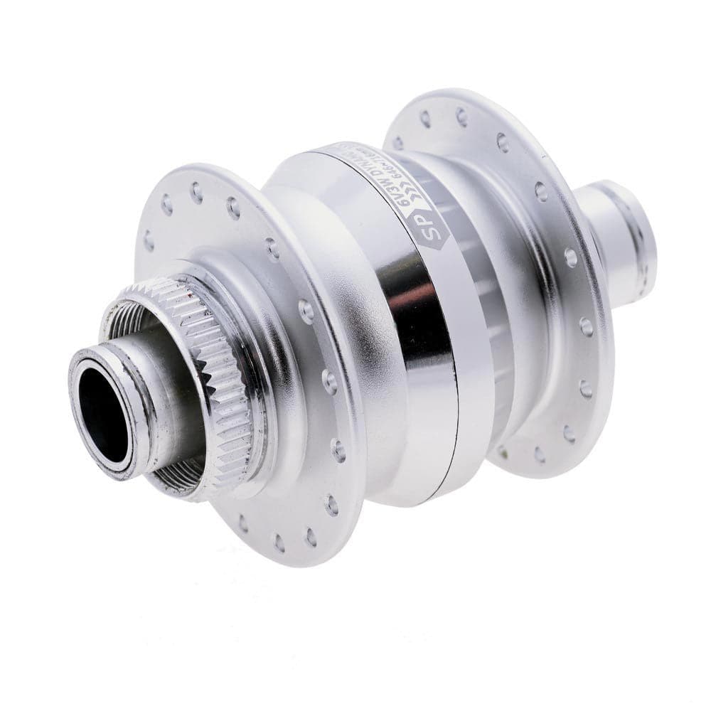 SP Power Dynamo Hub with 15mm thru-axle, 6V 3W output, and center lock disc mount for bicycle components