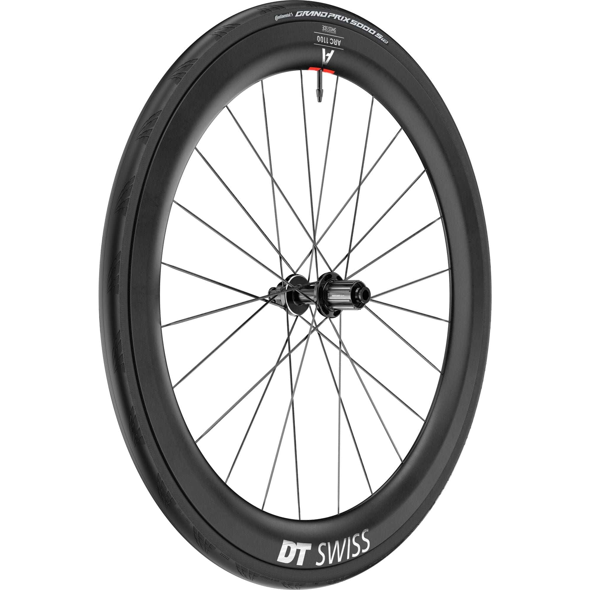 DT Swiss ARC 1100 DICUT rear disc brake carbon clincher wheel with 55x22mm dimensions, showcasing lightweight cycling component.