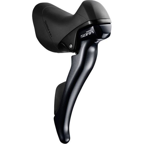 Shimano Sora ST-R3000 9-speed road bike STI lever set with adjustable reach, mounted on a bicycle handlebar.