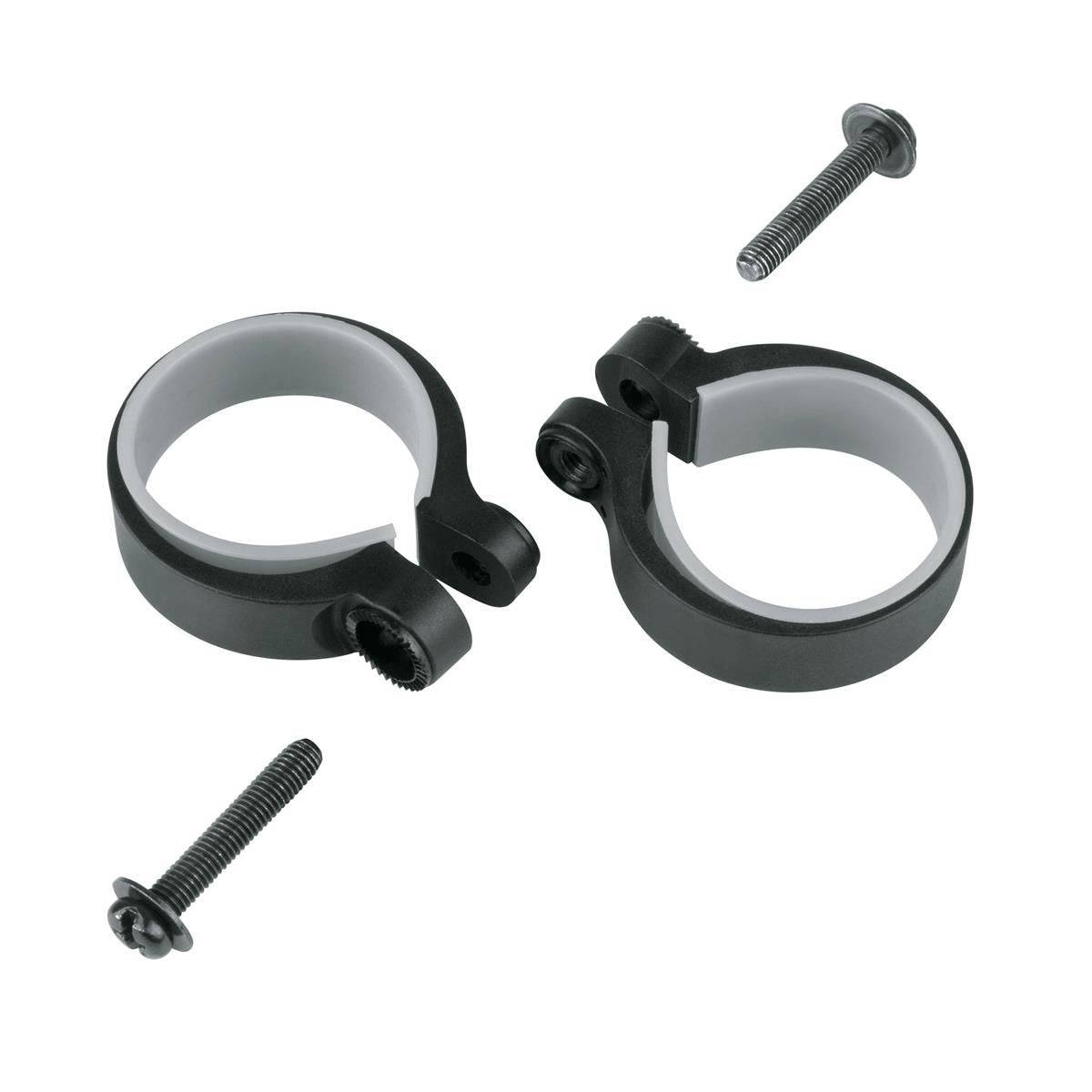 Pair of SKS Stay Mounting Clamps for suspension forks without eyelets, includes screws, suitable for bike suspension accessories.