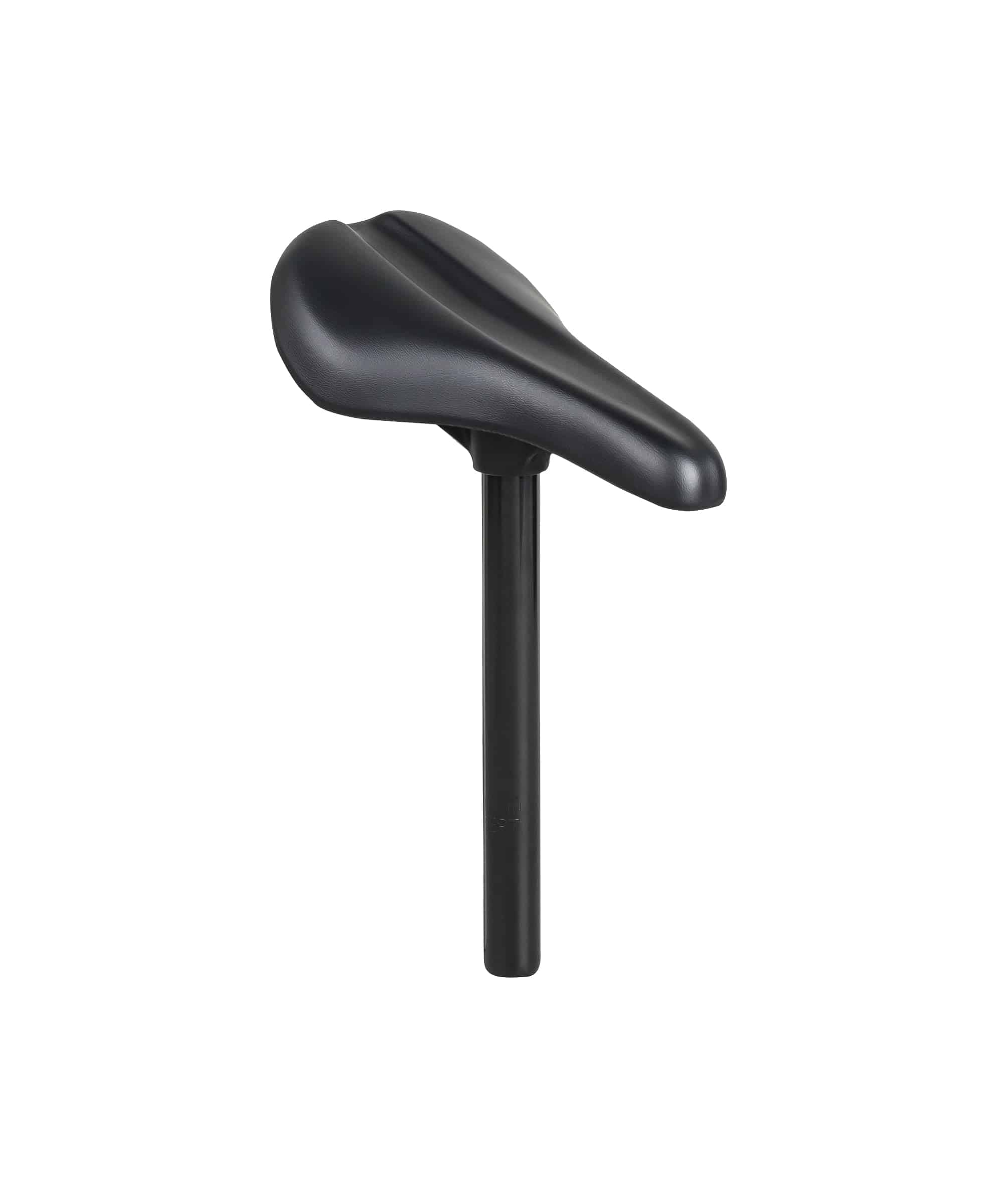 Trek Precaliber 16 bike saddle with integrated seatpost in black, showing the sleek, padded design and 205mm x 128mm dimensions.