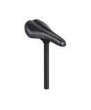 Trek Precaliber 16 bike saddle with integrated seatpost in black, showing the sleek, padded design and 205mm x 128mm dimensions.