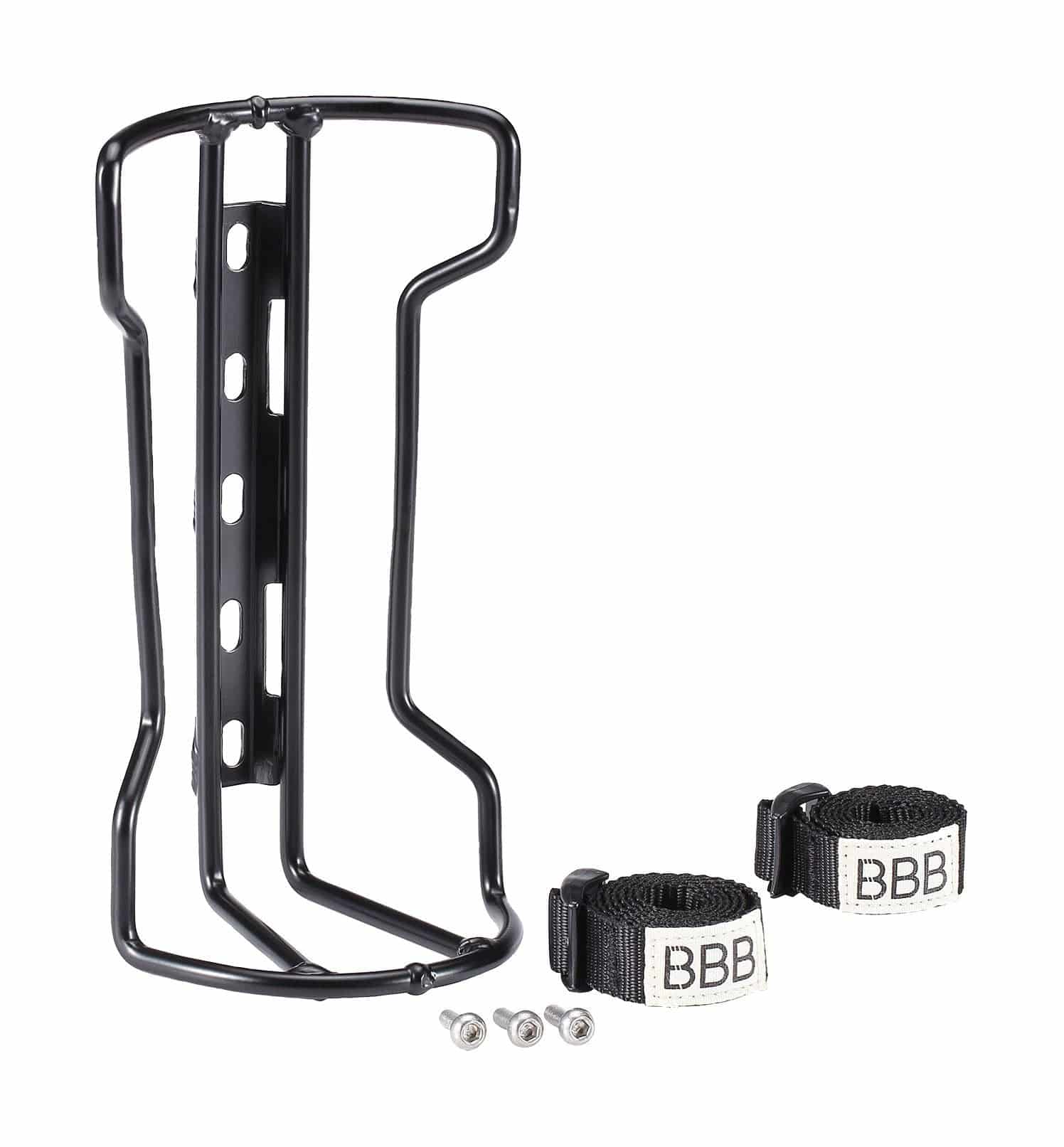 BBB BBC-81 StackRack luggage rack with cargo straps for bike packing, shown in black with secure straps and mounting hardware.