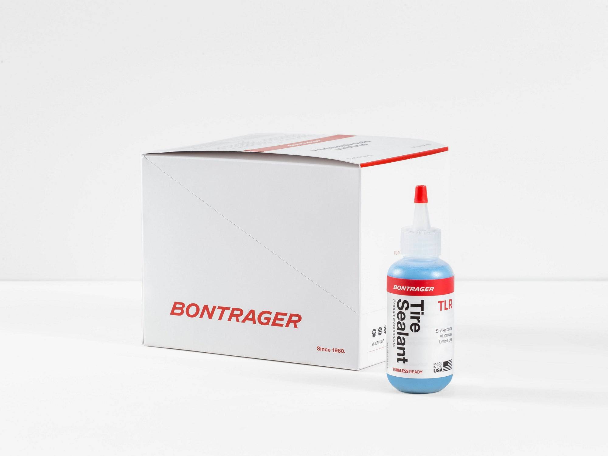 Bontrager TLR Tyre Sealant 3oz 12-pack for tubeless bike tires, white and red sealant components displayed.