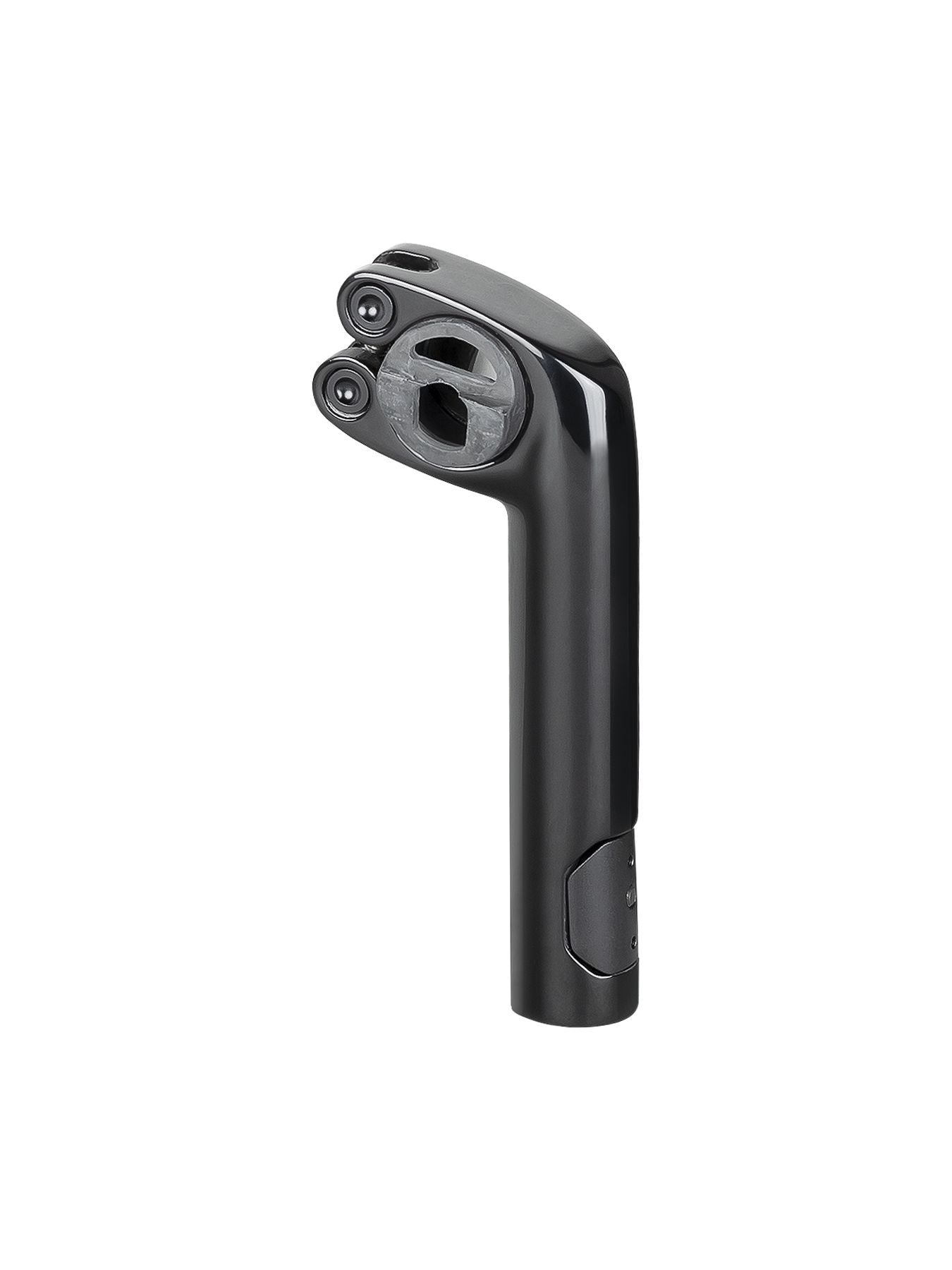 Trek Domane+ HP matte black adjustable bike seatpost, close-up view showing sleek design and quick-release clamp.