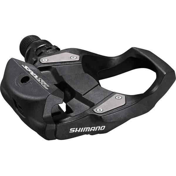 Shimano PD-RS500 SPD-SL road bike pedals with resin composite body and cleats, in black, for cycling components and upgrades.
