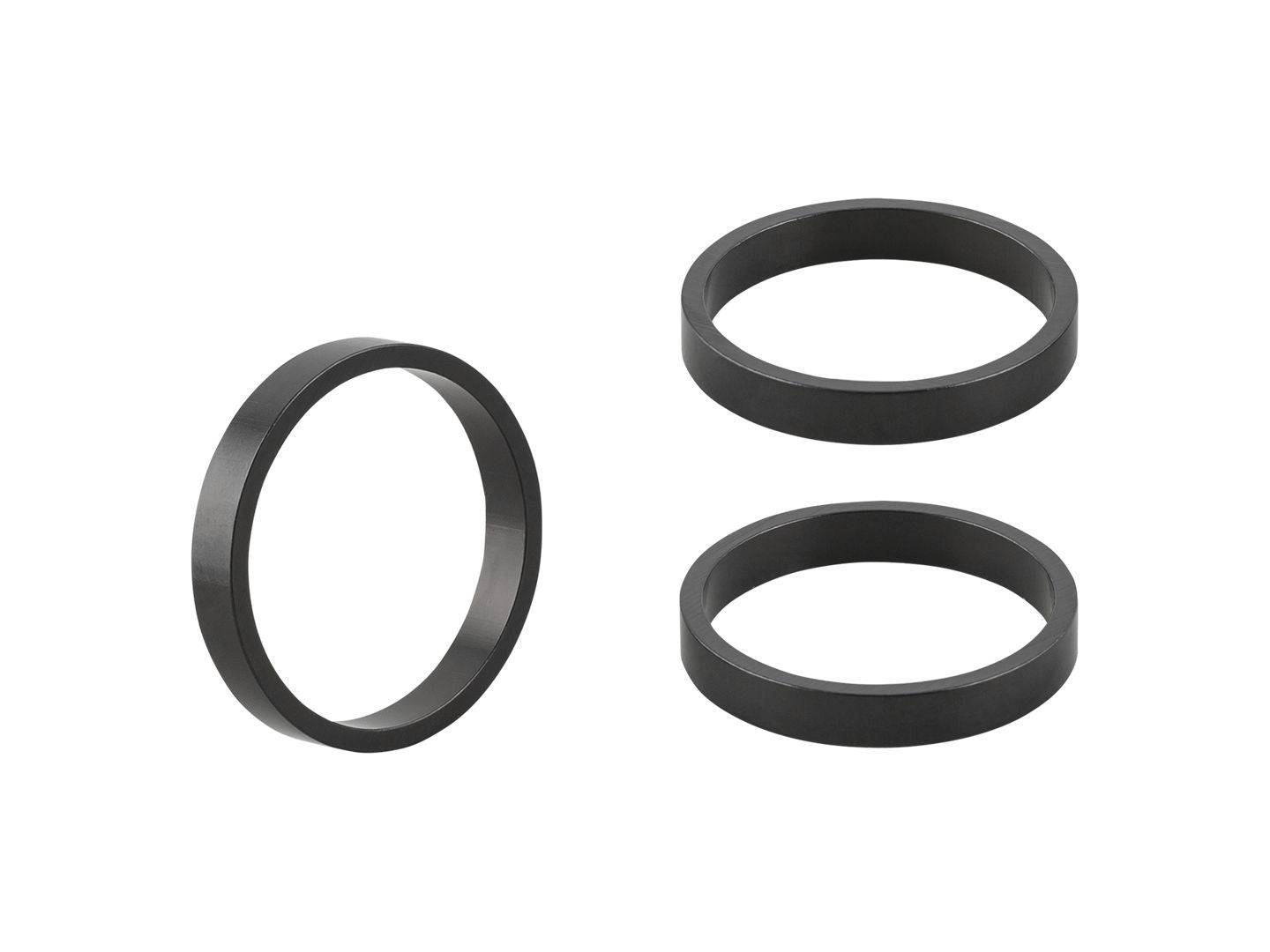 Bontrager 5mm alloy headset spacer pack with three black spacers for 1-1/8 inch bike steer tubes, 28.6mm diameter.