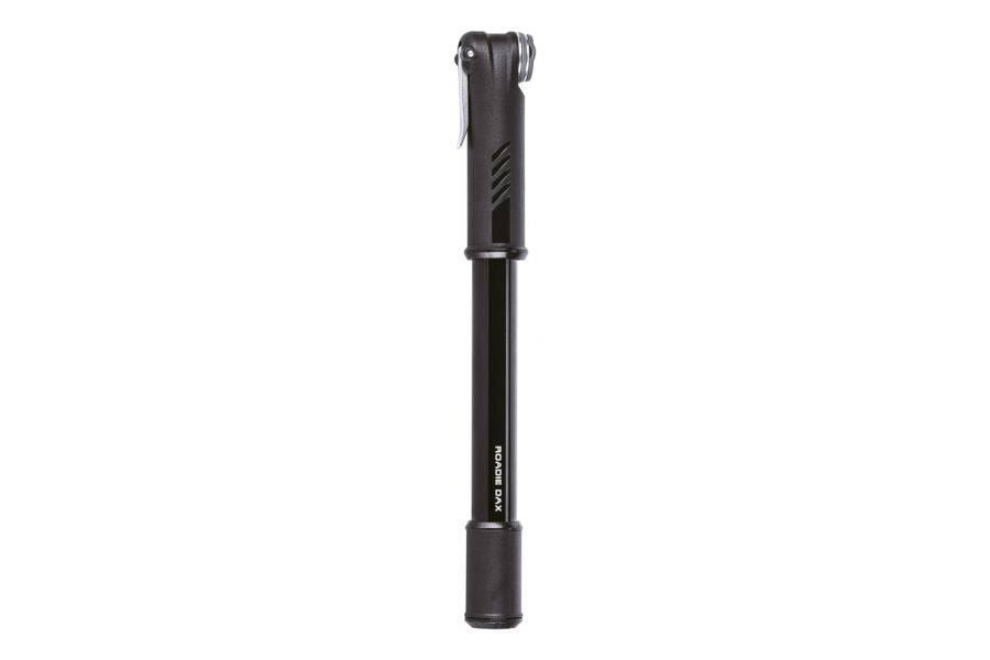 Topeak Roadie DAX black road bike pump with dual-action Presta valve for efficient tire inflation, shown with pump and hose.