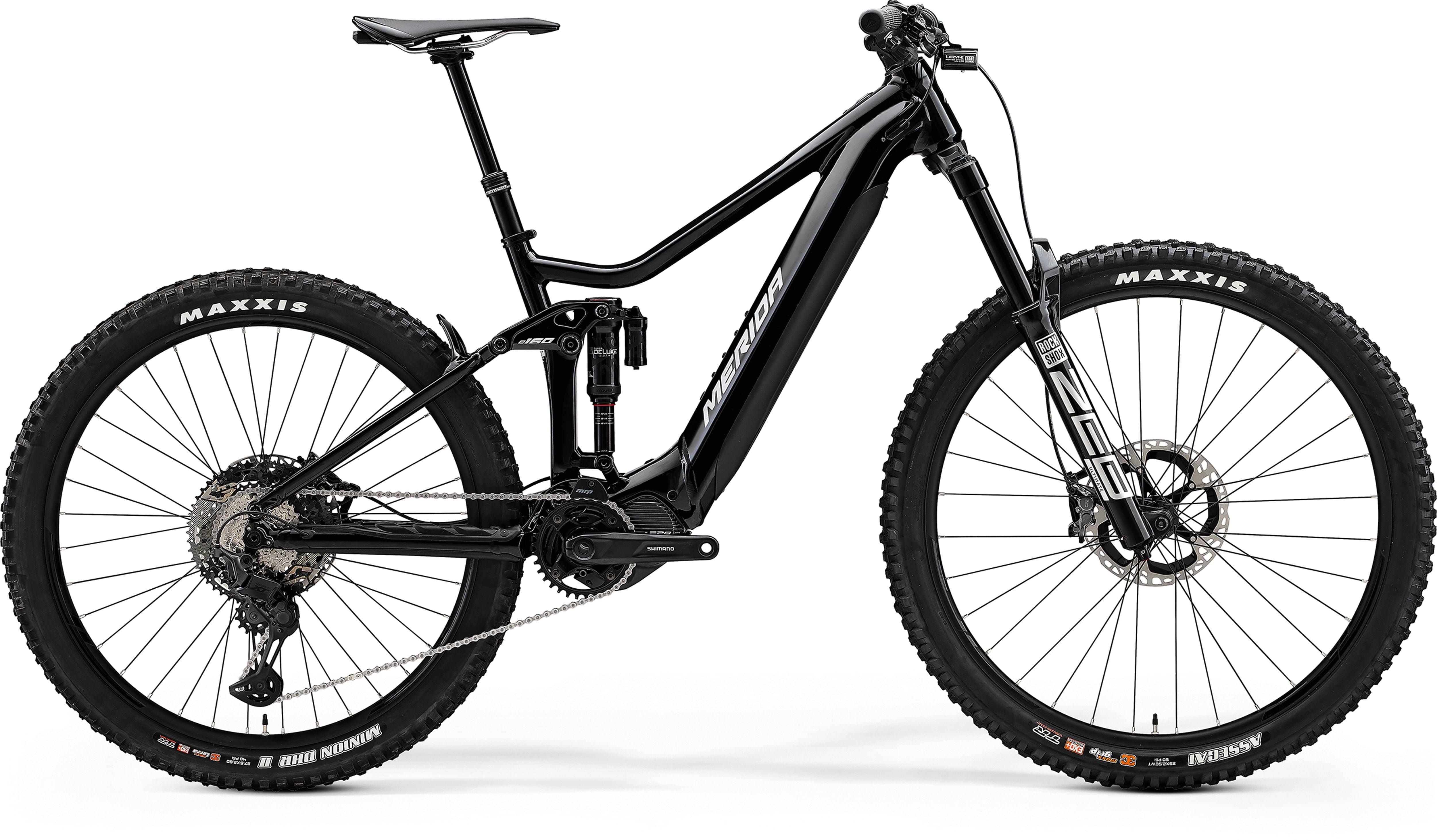 Merida eOne-Sixty 975 SE MY24 e-Mountain Bike for enduro trails in black and silver, featuring rugged frame and suspension components.