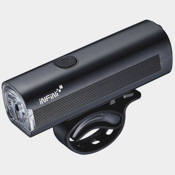 Infini KOR 400 front bike light with rechargeable 400 lumens, five lighting modes, mounted on a bicycle handlebar.