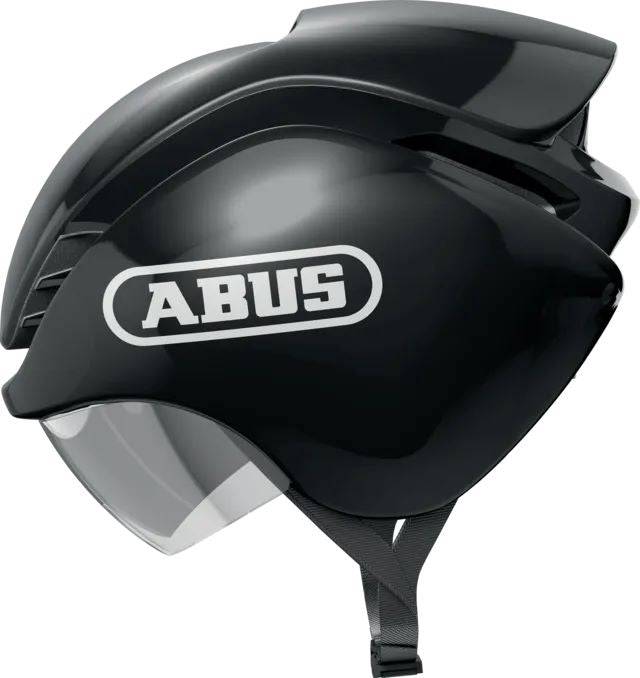 ABUS Gamechanger triathlon helmet with aerodynamic design and magnetic fastener, shown from side view with ventilation openings