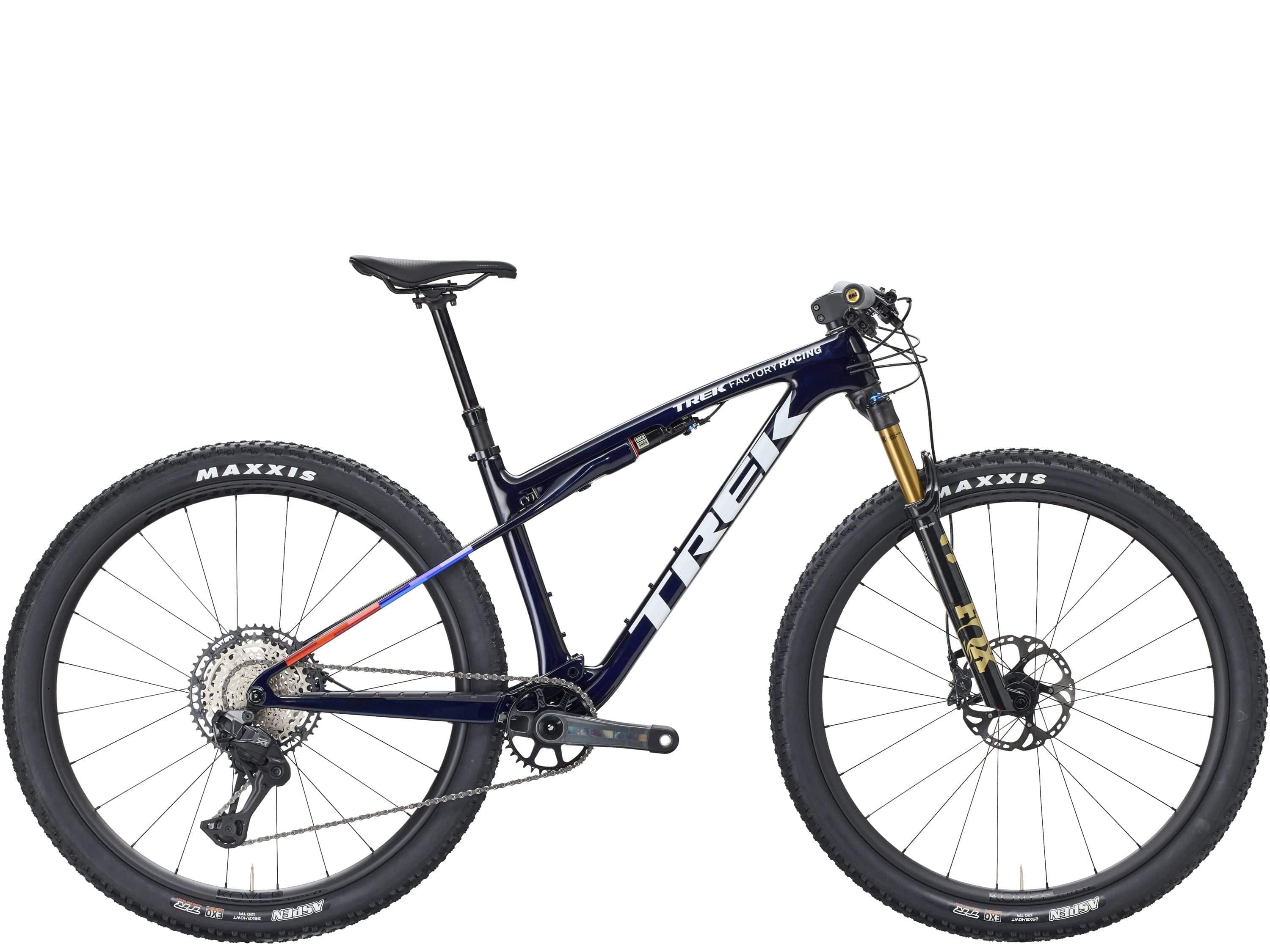 Trek Supercaliber SLR 9.8 XT Di2 Gen 2 mountain bike with IsoStrut suspension, featuring lightweight frame and advanced gear system.