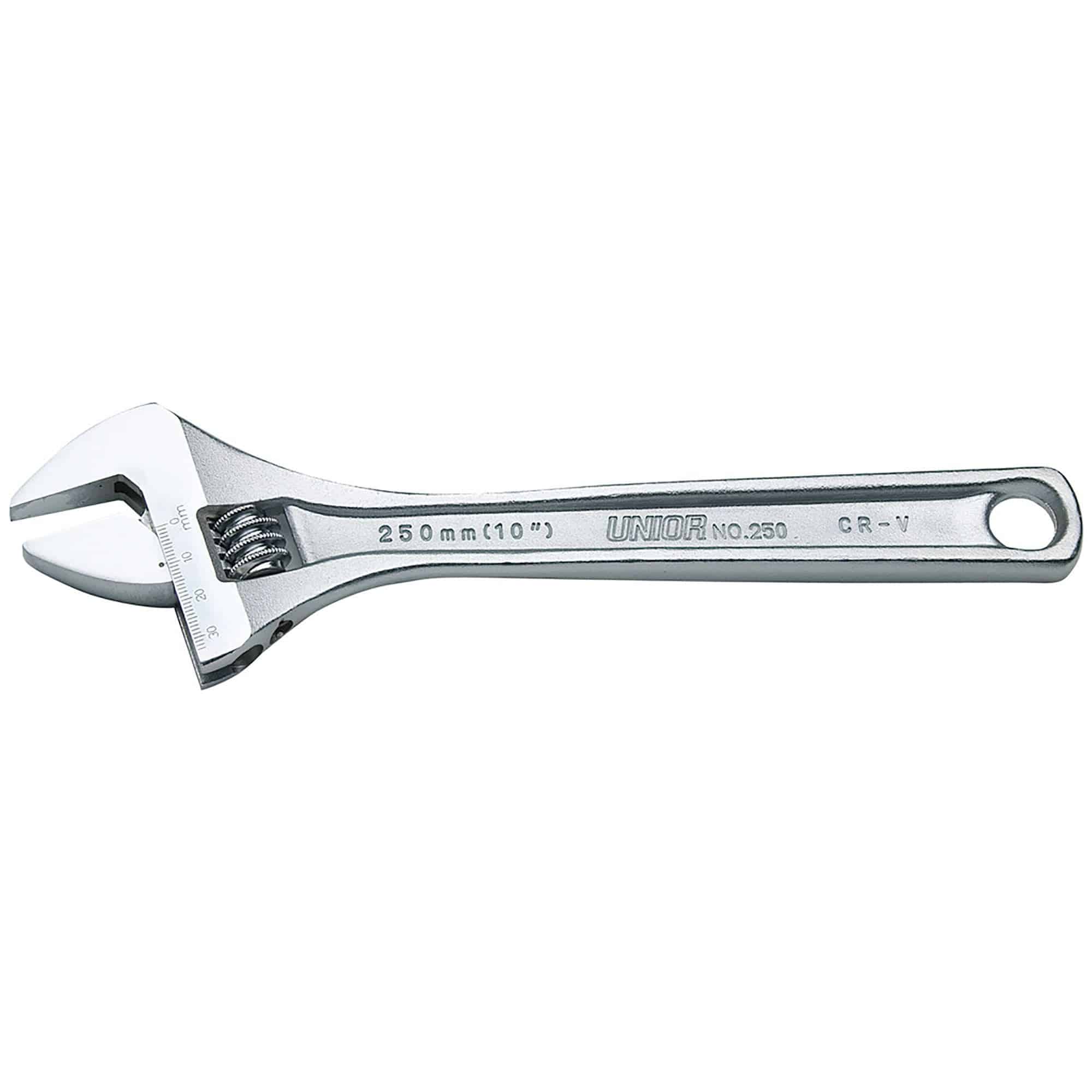 UNIOR adjustable wrench with clear scale, durable workshop tool, ISO 6787 compliant for precision grip and versatile use