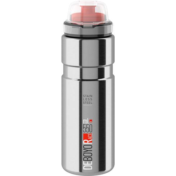 Elite Deboyo Race stainless steel vacuum bottle in silver, 550ml with 12-hour thermal insulation, shown in a close-up image.