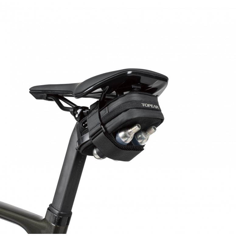 Topeak Elementa Gearbag Pro black waterproof bike seat bag with compact design and integrated tool storage for cycling accessories.