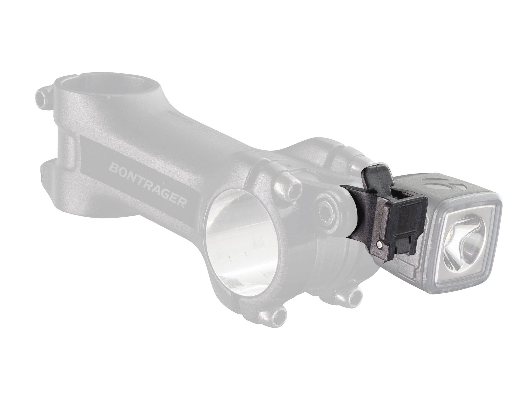 Bontrager Blendr High Ion light mount in black attached to Blendr stem, showing sleek design for bike lighting components