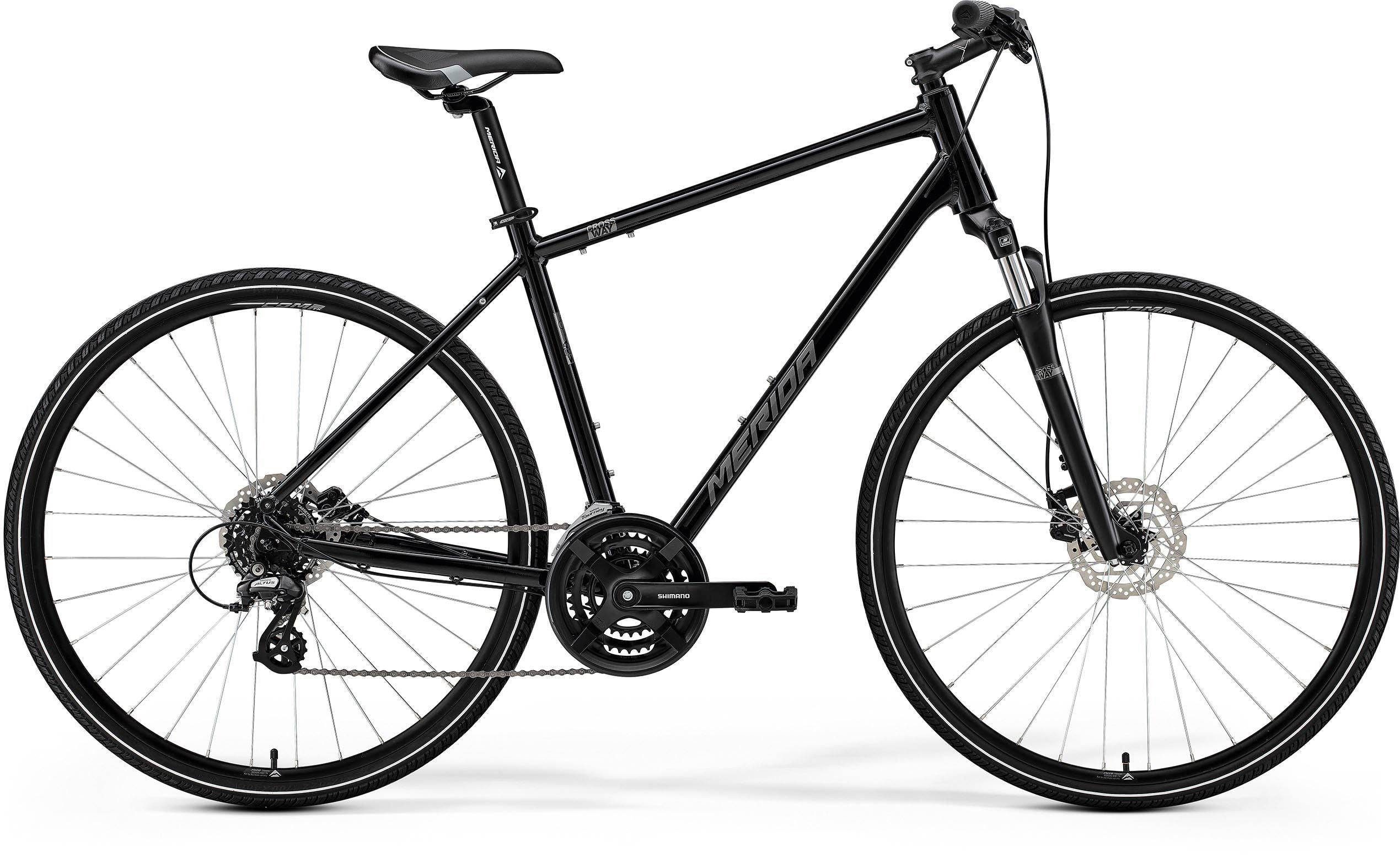 Merida Crossway 10 hybrid bike with Shimano Acera gears and disc brakes, suitable for commuting and leisure riding.