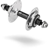 Silver DT Swiss Track Rear Hub with 120mm bolt-on fixed gear design, 24-hole component for bicycle wheel assembly.