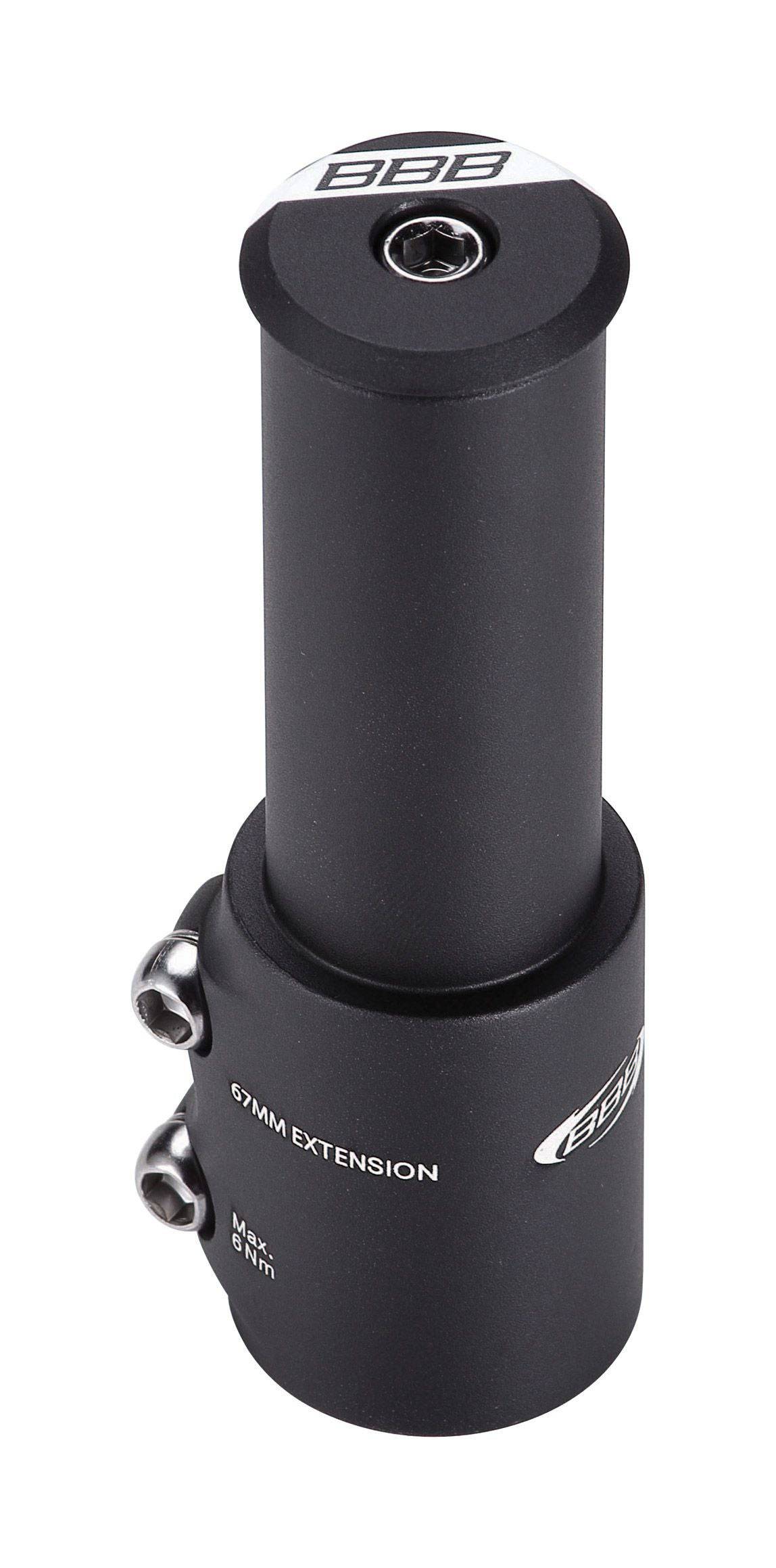 Black BBB BHP-22 TubeExtend steerer extender for 28.6mm handlebar height adjustment, shown installed on bicycle fork.