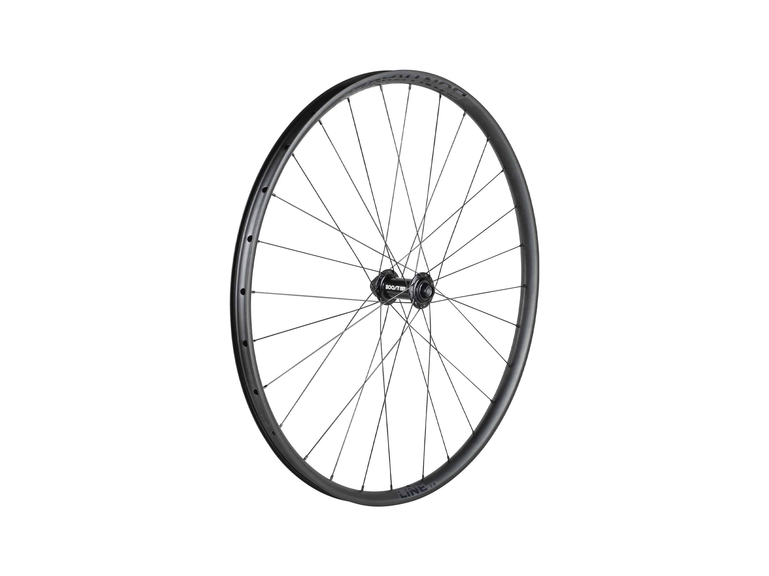 Bontrager Wheel Line 30 29-inch MTB wheel with 28 spokes, tubeless compatible, disc brake component for mountain biking.