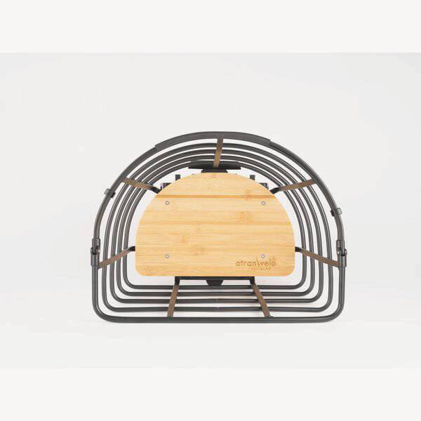 AtranVelo EPIC CURVE AVS bike basket with bamboo base, 24.5L capacity, mounted on a bicycle for carrying accessories.