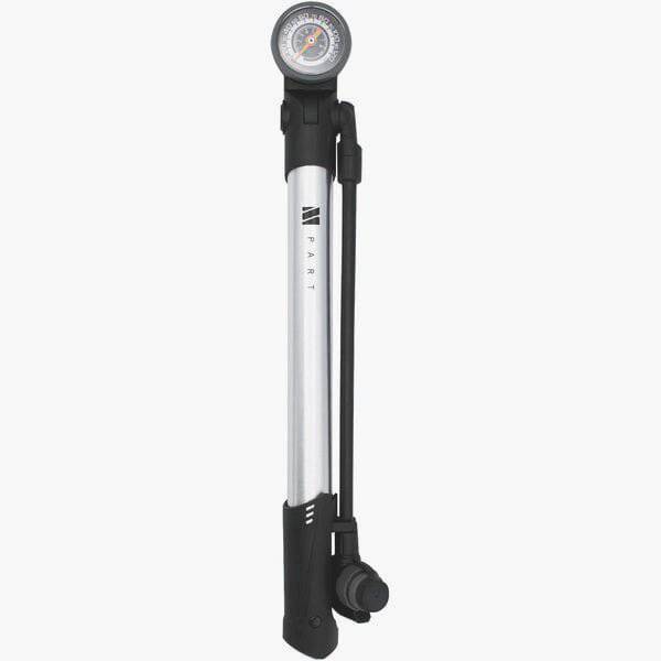M Part mini floor pump with dial gauge, reversible valve head, and frame bracket for easy bike tire inflation.