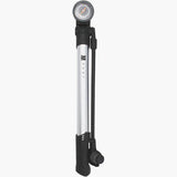 M Part mini floor pump with dial gauge, reversible valve head, and frame bracket for easy bike tire inflation.