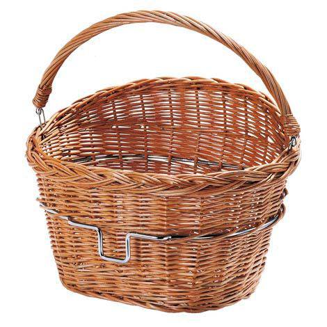 Rixen-Kaul 18L wicker bike basket with foldable handle, compatible with KLICKfix system, shown attached to a bicycle.
