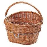 Rixen-Kaul 18L wicker bike basket with foldable handle, compatible with KLICKfix system, shown attached to a bicycle.