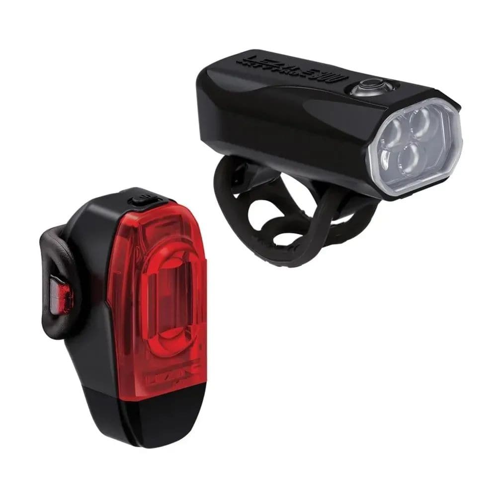 Lezyne KTV Drive Pro 300+ front and KTV Drive+ rear bike lights set with USB rechargeability, mounted on a bicycle.