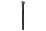 Topeak Roadie DAX black bike pump with dual-action Presta valve for road bike inflation, showing the pump and valve head.
