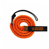 Kids Ride Shotgun MTB tow rope with shock-absorbing stretch and stem loop, orange accessory designed for kids' bike rides.