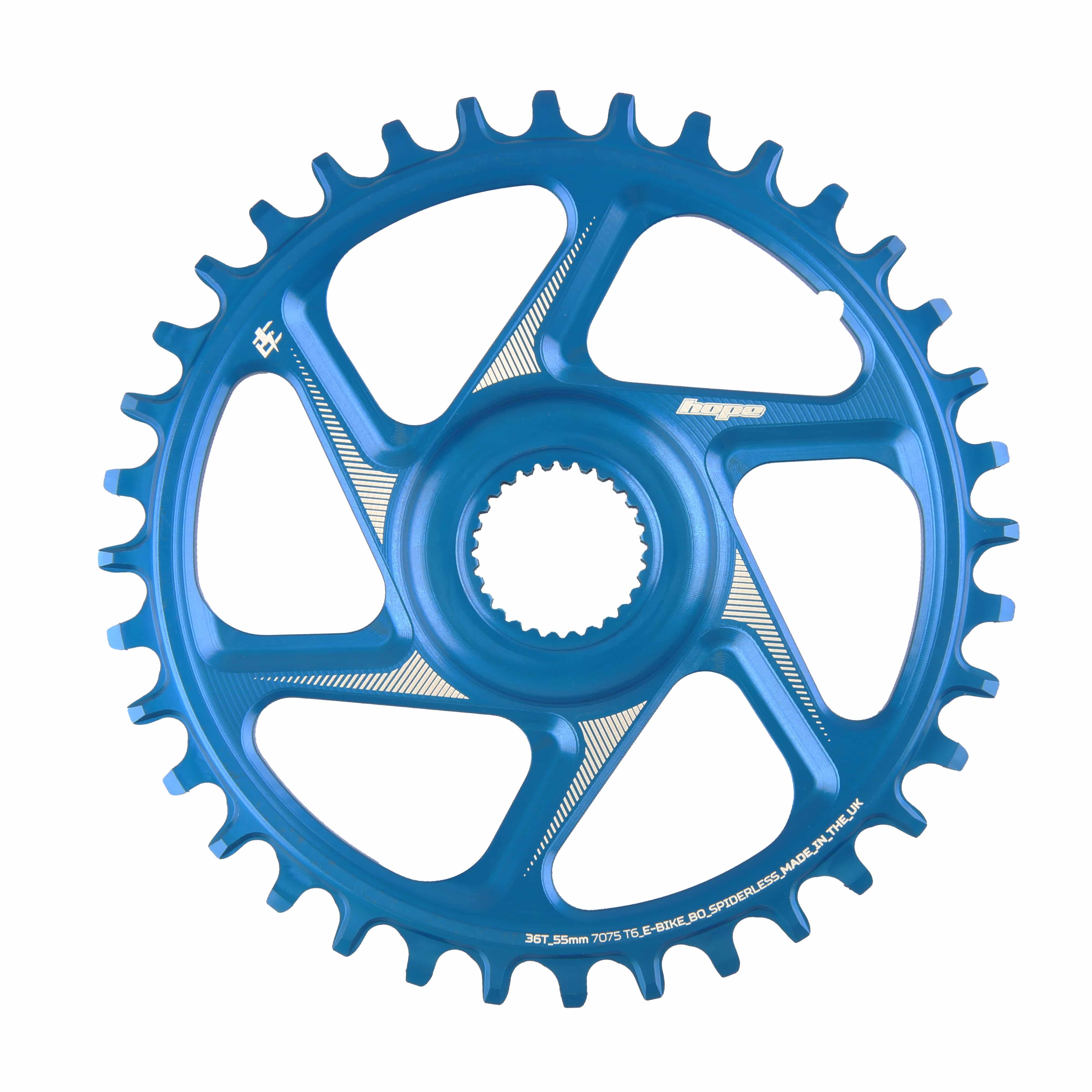 Hope R22 E-Bike Spiderless Retainer Ring for Bosch Gen 4 systems, blue component for chain retention in e-bike drivetrain.