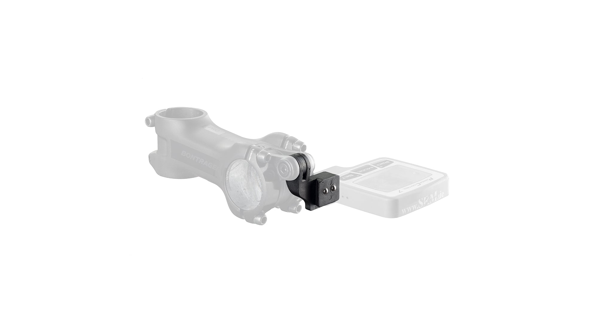 Bontrager Blendr SRM Mount for bike stems, compatible with Pro, XXX, and Elite bases, shown attached to a bike stem.