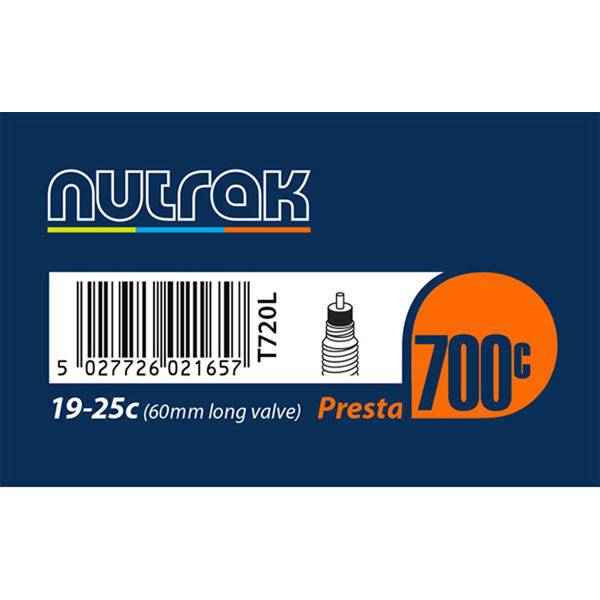 Nutrak 700 x 19-25C road bike inner tube with 60mm Presta valve, designed for bicycle wheel maintenance.