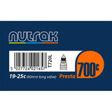Nutrak 700 x 19-25C road bike inner tube with 60mm Presta valve, designed for bicycle wheel maintenance.