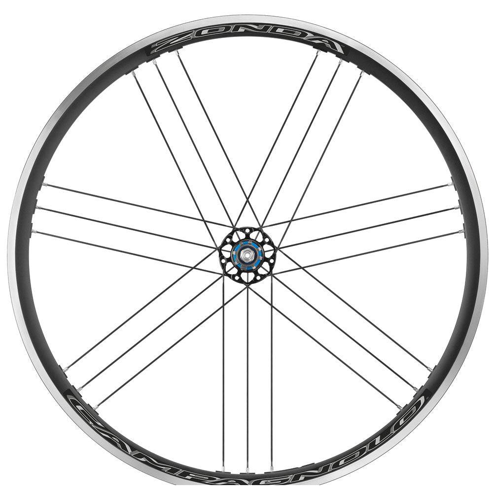 Campagnolo Zonda C17 road wheelset with 22.5mm wide clincher rim for 25-28mm tires, showcasing aerodynamic spokes and lightweight design.