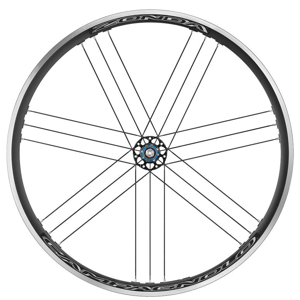 Campagnolo Zonda C17 road wheelset with 22.5mm wide clincher rims for 25-28mm tires, showcasing the aerodynamic wheel design.