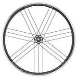 Campagnolo Zonda C17 road wheelset with 22.5mm wide clincher rims for 25-28mm tires, showcasing the aerodynamic wheel design.