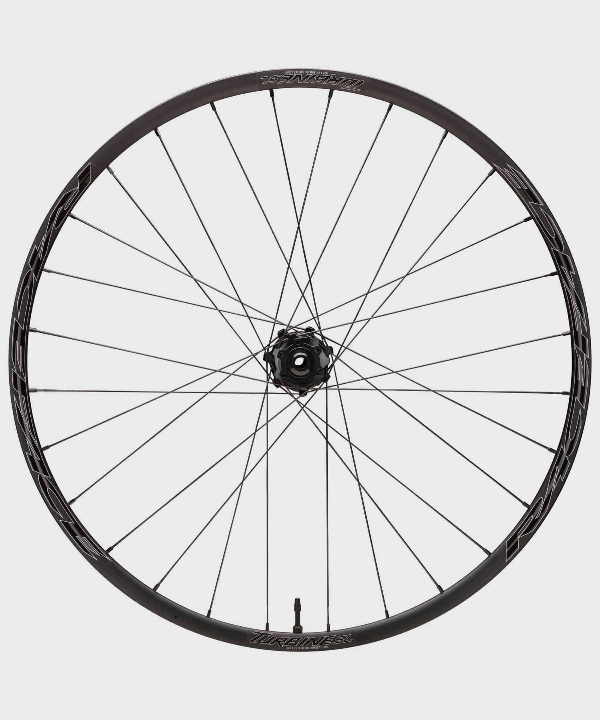 Race Face Turbine SL 25mm tubeless-ready 29-inch boost XC trail wheels displayed with sleek black rims and spokes.