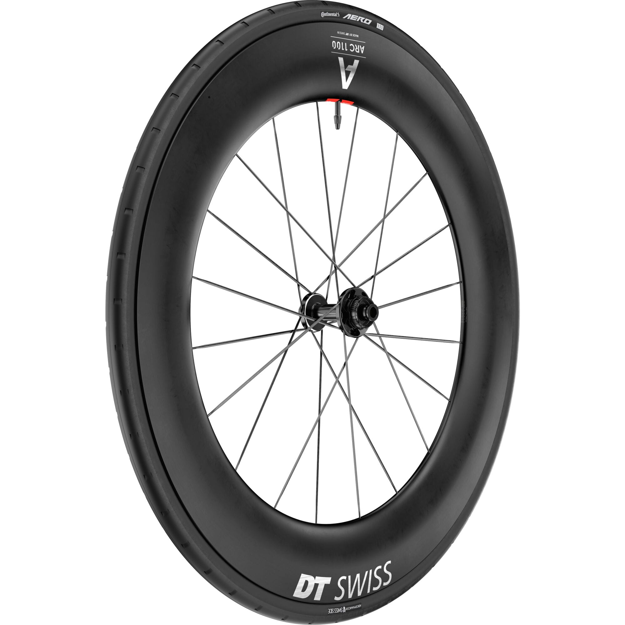 Front DT Swiss ARC 1100 DICUT carbon clincher wheel with disc brake and 85 x 22 mm rim, mounted with tyre.